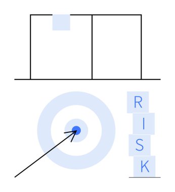 Ok hedefin merkezine isabet etti, RISK blokları ve geometrik yapılar istiflendi. İş stratejisi, planlama, risk analizi, hedefler, başarı, karar verme soyut çizgisi düz metafor için ideal