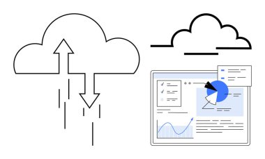 Veri transferini gösteren oklarla bulut, grafik ve grafiklerin yer aldığı analitik gösterge paneli. Bulut hesaplama, veri yönetimi, iş analizleri, bilişim hizmetleri, yazılım geliştirme, dijital