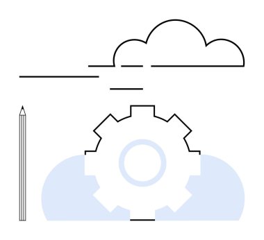 Kalemle çevrili bulut ve teçhizat. İnce çizgiler bağlantı ve düzenli çalışma olduğunu gösteriyor. Yenilik, beyin fırtınası, teknoloji, bulut depolama, yaratıcı işbirliği, takım çalışması, düz