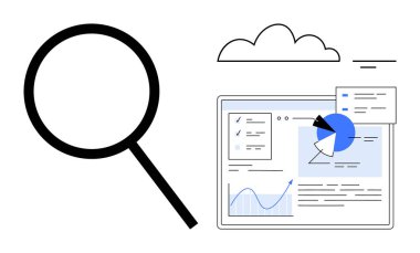 Turta grafiği, grafik ve dokümanlarla dijital torpido gözünde veri analizini vurgulayan büyüteç. Analiz, araştırma, teknoloji, bulut hesaplama, strateji ve iş büyümesi için ideal