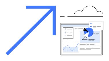 Bulut ve gösterge panelinin yanında yukarı doğru bakan ok grafikler, çizelgeler ve verilerle. Analiz, büyüme, bulut teknolojisi, iş stratejisi, ilerleme takibi, veri yönetimi için ideal