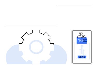 Cüzdanlı mobil cihaz şifreli para gönderiyor, otomasyonu sembolize eden büyük teçhizat ve bulut elemanı. Teknoloji, finans, kripto para birimi, mobil uygulamalar, otomasyon, bulut hesaplama için ideal