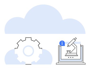 Bir dizüstü bilgisayarda bir bulut ve mikroskopla kesişen teçhizat çevrimiçi araştırma, yenilik ve dijital teknolojiyi vurguluyor. Bilim, veri, bulut hesaplama, araştırma, eğitim, üretkenlik için ideal