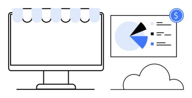Online mağazayı temsil eden tenteli masaüstü ekranı, grafikli ve dolar simgeli analitik paneli, aşağıda bulut bağlantısı. E-ticaret, veri takibi, analitik, bulut hesaplama, dijital için ideal