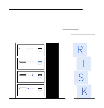 Açık hatları olan veri depolama sunucuları ve RISK blokları kırılganlığı, güvenliği ve proaktif yönetimi vurguluyor. IT, siber güvenlik, analiz, iş devamlılığı, denetimler ve risk için ideal