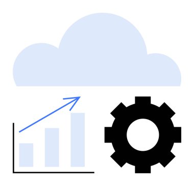Yükselen ok ve dişli bulut, bulut hesaplamasını, veri analizini, iş büyümesini, teknoloji entegrasyonunu sembolize ediyor. Teknoloji, analitik, ilerleme, strateji yeniliği için ideal