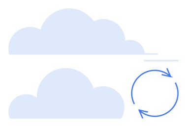 İki bulut şekli ve yenilenmeyi, senkronizasyonu ya da transfer sürecini gösteren dairesel bir ok sembolü. Teknoloji, bulut hesaplama, güncellemeler, dosya paylaşımı, veri depolama, dijital