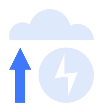 Mavi ok, üzerinde yıldırım sembolü olan bir bulutu işaret ediyor. Veri transferi, bulut depolama, yenilenebilir enerji, çevre dostu teknoloji, yenilik, yükleme süreçleri, düz basit