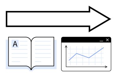 Bir tarayıcı penceresinde sağı gösteren siyah ok, açık kitap ve çizgi grafiği. Eğitim, büyüme, öğrenme, ilerleme, strateji yönündeki iş geliştirme için idealdir. Düz basit metafor