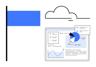 Analitik grafikler, pasta grafiği, bulut ve bayrak sembollü veri paneli. Basit iniş raporlarını bildiren veri görselleştirme, strateji, analitik araçlar, bulut hesaplama, kurumsal sunumlar için ideal