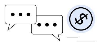 Bir dolar ikonuna bağlanan tartışma noktaları olan iki konuşma balonu. İletişim, finans, bütçe, danışmanlık, ortaklık, işbirliği, karar verme için ideal. Düz basit metafor