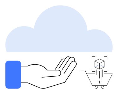 Bulutların altında uzanmış el, alışveriş arabasına düşen dijital küp. Bulut hizmetleri, e-ticaret, yenilik, teknoloji transferi, sanal mallar, dijital ekonomi, düz bir metafor için ideal