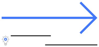 Sağ tarafı gösteren büyük mavi ok, bir ampul ve siyah yatay çizgilerin içindeki dişlinin üzerine yerleştirilmiş. İlerleme, yenilik, yön, strateji, hedef belirleme, büyüme ve liderlik için ideal