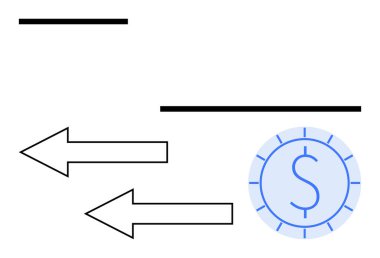 Şekil verilmiş bir doları işaret eden oklar finansal hareketi ya da transferi simgeler. Bankacılık, fintech, ödeme, döviz kuru, ticaret, yatırım için ideal, düz basit metafor