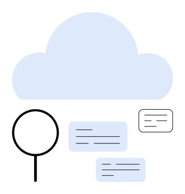 Mavi bulut büyüteç ve veri kartlarıyla çevrili arama, depolama ve senkronizasyonu gösteren. Teknoloji, depolama, organizasyon, araştırma, işbirliği yenilik iletişimi için ideal. Düz