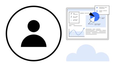 Bir bulut simgesinin üzerinde grafik, grafik ve görev listelerinin yer aldığı bir veri analizi panelinin yanında daire içine alınmış kişi simgesi. Veri, kullanıcı yönetimi, analitik, bulut teknolojisi, ağ oluşturma için ideal