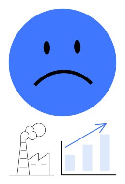 Mavi üzgün surat, fabrika emisyonları ve artan büyüme eğilimleriyle ilgili endişeleri vurguluyor. Çevre sorunları, kirlilik, iklim değişikliği, sanayi etkisi, sürdürülebilirlik, ekonomik büyüme eleştirisi için ideal