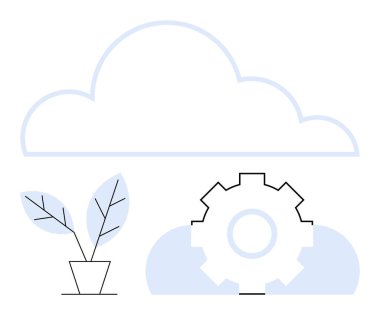 Bir teçhizat ve saksı bitkisinin üstündeki bulut, teknolojiyi, çevre dostluğunu ve büyümeyi birleştiriyor. Bulut hesaplama, yenilik, sürdürülebilirlik, endüstri, dijital dönüşüm işi için ideal