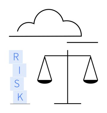 Pul, istiflenmiş risk blokları ve bulut yakınlarındaki karar verme dengesini sembolize eder. Risk yönetimi, karar analizi, strateji, hukuki denge, bulut çözümleri, iş ahlakı, soyut çizgi