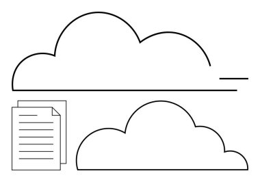 Belge sayfası grafikleriyle birlikte dijital depolama ve aktarma yapan bulut ana hatları. Teknoloji, veri yönetimi, paylaşım, dosyalar, bulut hesaplama, iş ve verimlilik için ideal. Düz basit metafor