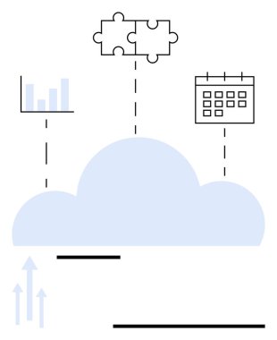 Grafik, yapboz parçaları ve takvimi birbirine bağlayan çizgileri olan bulut. Takım çalışması, iş senkronizasyonu, dijital dönüşüm, uzaktan çözümler, analitik programlama ve iş akışı için ideal. Düz