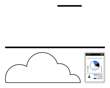Akıllı telefonun yanındaki bulut platformu veri pasta grafiği ve metrik arayüzü gösteriyor. Veri depolama, analitik, teknoloji hizmetleri, mobil içgörüler, ağ çözümleri, bulut temelli