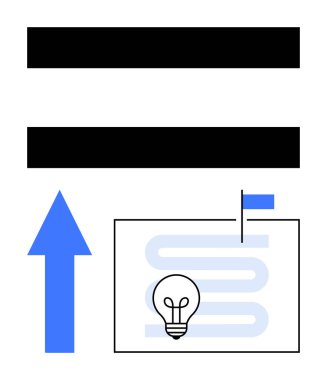 Mavi ok bir ampul ve bayrak ile haritayı işaret ederek ilerlemeyi, fikirleri ve hedefleri sembolize ediyor. Büyüme, planlama, yenilik, strateji, başarı gelişimi için idealdir. Düz basit