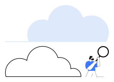 Bulutun yanında büyüteç tutan adam soruşturmayı, bulut verisini ya da depoyu öneriyor. Teknoloji, analitik, araştırma, keşif, bulut hesaplama yeniliği için idealdir.