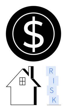 Yığınlanmış blokların yanındaki ev siluetinin üstündeki büyük dolar işareti RISK oluşturuyor. Finans, emlak yatırımı, ipotek, sigorta, planlama, risk alma, soyut çizgi düz metafor için ideal