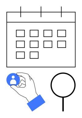 Zamanlama için takvim ızgarası, seçimleri sembolize eden kullanıcı avatarı, arama ya da analizi vurgulayan cam büyütme. Yönetim, askere alma, takvim, strateji ve odaklanma için ideal