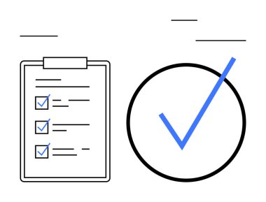 İşaretli kontrol listesi ve görev yönetimi, organizasyon, başarı veya onaylanmayı simgeleyen büyük mavi işaretli pano. Üretkenlik, planlama, hedef izleme ve onaylama için ideal