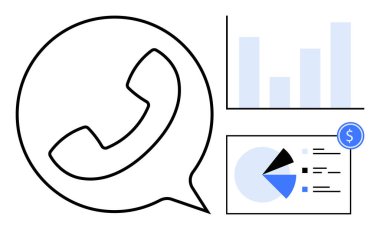 Konuşma balonunda telefon alıcısı, bar grafiği, pasta grafiği ve finansal ikonun yanında. İletişim, iletişim, veri analizi, iş büyümesi, danışmanlık müşteri desteği için ideal. Düz basit