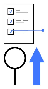İşaretli kutular, çizgi büyüteç ve analizi, ilerlemeyi ve organize görev yönetimini gösteren yukarı doğru ok. Üretkenlik, başarı, planlama ve iş akışı için ideal