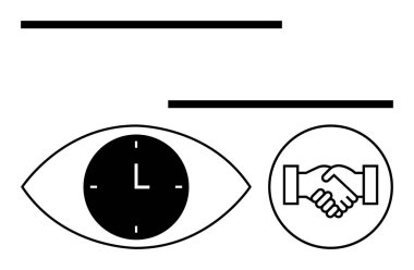 İçinde saat olan göz zamana odaklanmayı ortaklık için tokalaşmayı sembolize eder. Zaman planlama, takım çalışması, anlaşma, dakiklik, verimlilik, iş büyümesi, soyut düz metafor için ideal