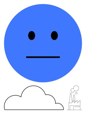 Siyah çizgili bulut ve fabrikanın üzerindeki büyük mavi nötr yüz dumanlı. Ekoloji, duygu, ifade, iklim değişikliği, endüstri, minimalizm, çatışma için ideal. Düz basit metafor