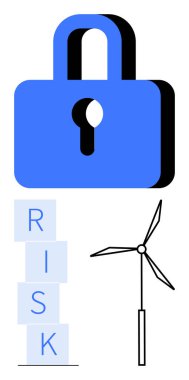 Mavi kilit güvenlik için, rüzgar türbini yenilenebilir enerji için, istiflenmiş bloklar RISK için. Sürdürülebilirlik, yenilenebilir enerji, siber güvenlik, risk yönetimi, enerji güvenliği, iş