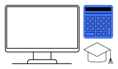 Büyük boş monitör, mavi hesap makinesi ve öğrenmeyi, dijital aletleri, bilgiyi ve matematiği sembolize eden mezuniyet şapkası. Eğitim, e-öğrenim, iş teknolojisi akademisyenliği için ideal