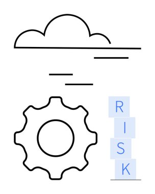 Bulut, dişli ve yığın halinde RISK yazımı belirsizliği, mühendisliği ve karar vermeyi sembolize eder. Teknoloji, yenilik, strateji, iş riskini optimizasyon süreci için ideal dijital