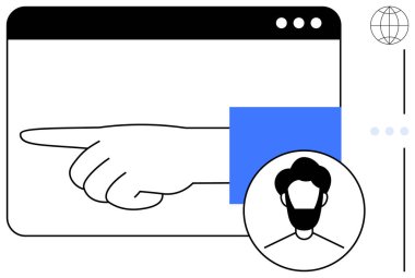 Tarayıcı penceresinin içindeki el işaretleri navigasyon ya da rehberliği temsil ediyor. Kullanıcı avatarı ve dünya simgesini içerir. Dijital etkileşim, internet, navigasyon, takım çalışması, rehberlik, profiller için ideal