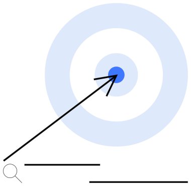 Mavi hedef merkezini hedef alan ok yoğunlaştırıcı daireler çiziyor ve doğruluğu vurguluyor. Strateji, odaklanma, başarı, hedef belirleme, karar verme, hassasiyet, kariyer büyümesi için ideal. Düz