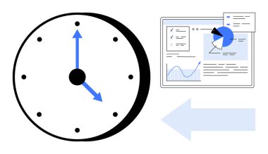 Saati gösteren mavi okları olan saat, grafikleri, çizelgeleri ve analizleri gösteren dijital gösterge paneli, sola bakan bir okla eşleştirilmiş. Üretkenlik, zaman izleme, verimlilik, veri odaklı