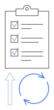 İşaretli görevler, yukarı doğru ok ve iş akışı ve ilerleme için dairesel oklar içeren kontrol listesi panosu. Görev yönetimi, üretkenlik, proje planlaması, organizasyon, verimlilik, iş akışı hedefi için ideal