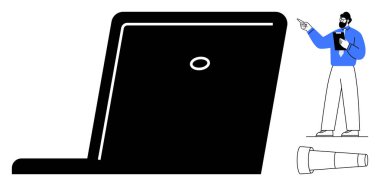 Resmi kıyafetli bir adam, elinde teleskop ve büyük bir dizüstü bilgisayarın yanında dokümanları tutarken. Strateji, liderlik, analiz, planlama, yenilik, iş büyümesi için ideal. Düz basit