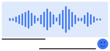 Minimalist çizgiler ve gülen yüz ifadeleriyle çevrili mavi ses dalgası deseni. Ses teknolojisi, iletişim, pozitiflik, ses analizi, kullanıcı arayüzü, geri bildirim, duygusal