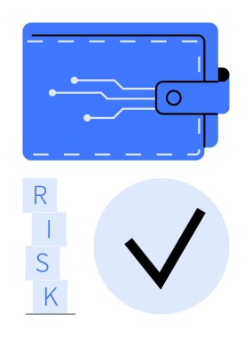 Devre tasarımlı dijital cüzdan, istiflenmiş bloklar içinde RISK ve büyük bir kontrol işareti. Finans, siber güvenlik, engelleme zinciri, fintech, risk değerlendirmesi, teknoloji soyut düz metafor