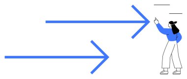İki büyük mavi oka doğru hareket eden kişi yön ve ileriyi işaret ediyor. Takım çalışması, planlama, yenilik, rehberlik, strateji, navigasyon kişisel gelişim için idealdir. Düz basit