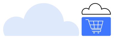 Daha küçük bir bulutun altında mavi bir alışveriş arabası ikonu olan büyük bir bulut. E-ticaret, bulut teknolojisi, dijital mağaza, çevrimiçi işlemler, web sunuculuğu, lojistik çözümler, düz basit metafor