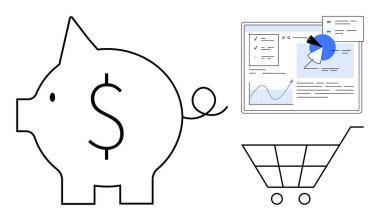 Dolar işaretli domuz kumbarası, veri analiz ekranı ve tasarruf, bütçe, yatırım, harcama, finansal hedefler, e-ticaret ve ekonomik anlayışları sembolize eden alışveriş arabası. İş için ideal