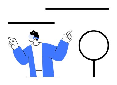 Sanal gerçekliğe dalmış, kolları açık gözlük takmış, soyut unsurları işaret eden biri. Teknoloji, yenilik, etkileşim, yaratıcılık, sanal deneyim, öğrenme, düz