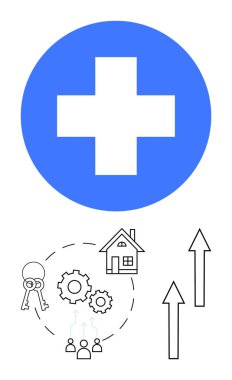 Evin üstündeki mavi tıbbi haç, dişliler ve anahtarlar büyümek için yukarı doğru oklarla sağlık, takım çalışması ve barınmayı sembolize ediyor. Sağlık hizmetleri, gayrimenkul, ilerleme ekip çalışması geliştirme için ideal